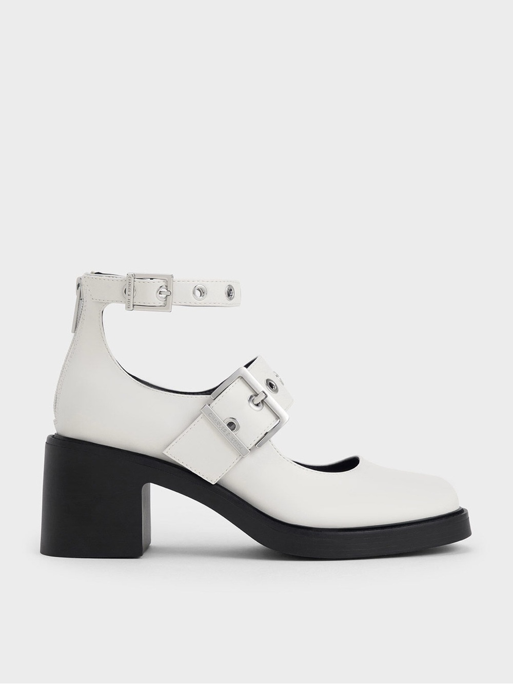 Charles & Keith White Mary Jane Buckled Block Heel Shoes